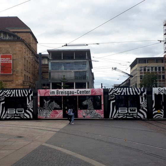 Zebra striped tram in Freiburg